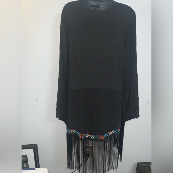 Black Open-Front Bohemian Gypsy-Esque Shawl w/ Fringe & Floral Detailing Sz S - Picture 9 of 10